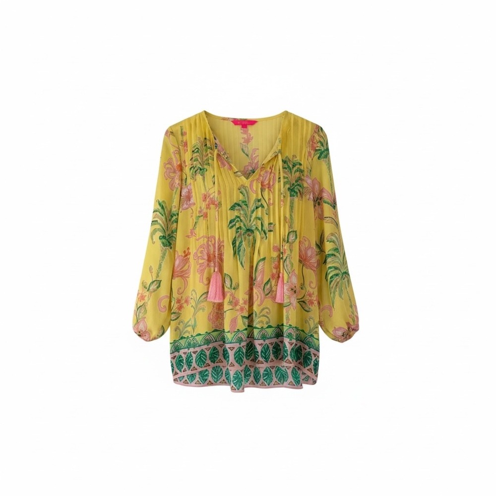 Lilly Pulitzer Elsa Top Yellow Tropical Floral Tassel Blouse Medium